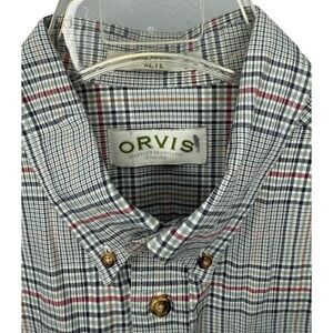 Orvis Mens XL Red White Blue Plaid Long Sleeve Button Down Shirt Classic Outdoor